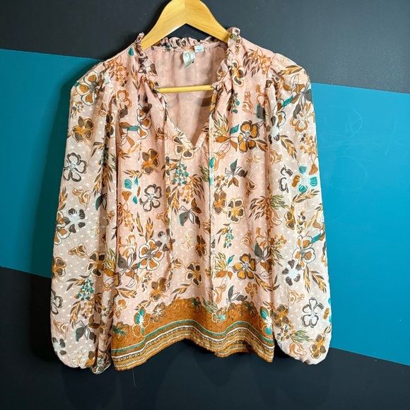 Joie Orange and Pink Long Sleeve Tie Front Blouse - Picture 1 of 5